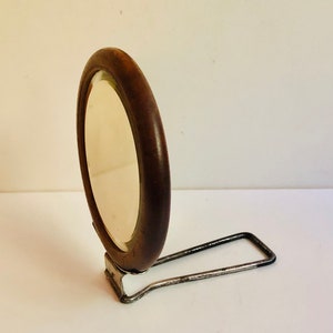 Fabulous Antique Round Wooden Travel Mirror Shaving Mirror Double Sided Beveled Mirror on Folding Stand Art Deco Makeup Mirror (as found)