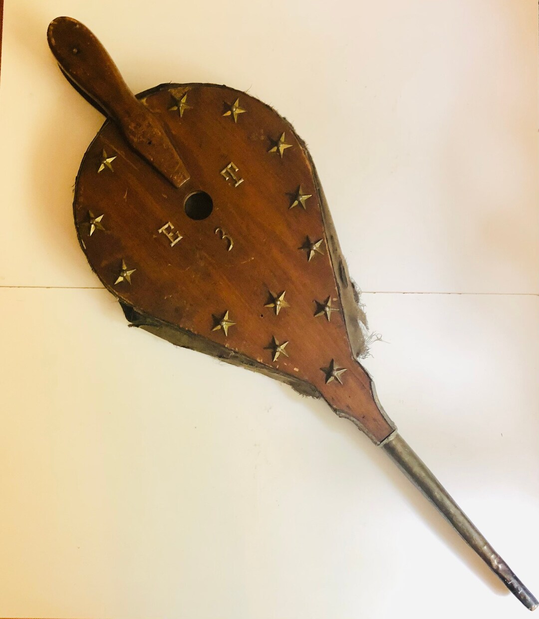 Antique Wooden Bellows Wood Five Pointed Brass Stars Weathered Rustic Fireplace Mantel Decor