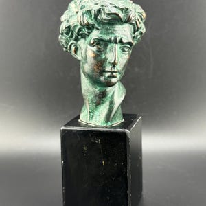 Vintage Bronze Michelangelo David Bust Statue Miniature Figure Verdigris Metal Figurine Italian Marble Base Classical Greco Roman Sculpture