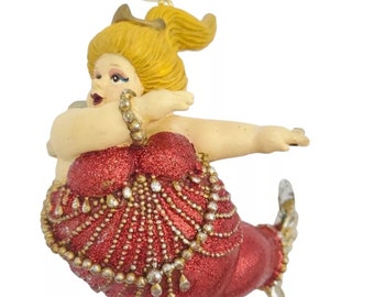 Vintage Katherine's Collection Chubby Mermaid Christmas Ornament Red Glitter Dress Whimsical Christmas Tree Decor