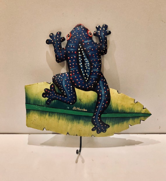 Whimsical Polka Dot Metal Frog Wall Hook Recycled Metal Caribbean