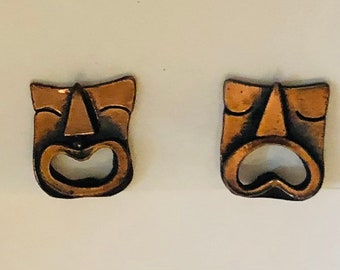 Classic Vintage MCM Copper Comedy and Tragedy Mask Earrings Modernist Copper Earrings Clip Ons Gift for Theater Lover Thesbian Gifts