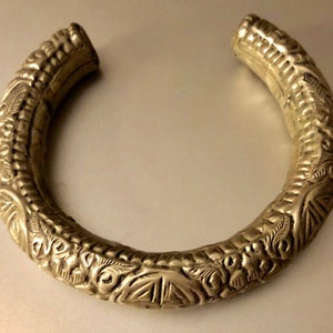Antique Chinese Wedding Bracelet Silver Metal over Unknown Core w Chinese Good Luck Shou Symbol Chrysanthemums Medium to Large Wrist SALE
