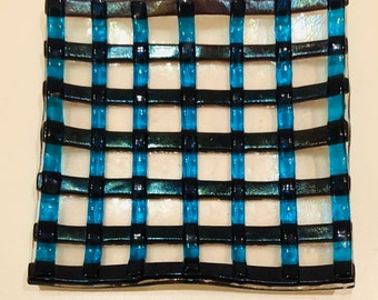 Fabulous Small Blue and Black Fused Glass Dish Trinkets Catch All DecorativeSmall  Handmade Art Glass Square Plate