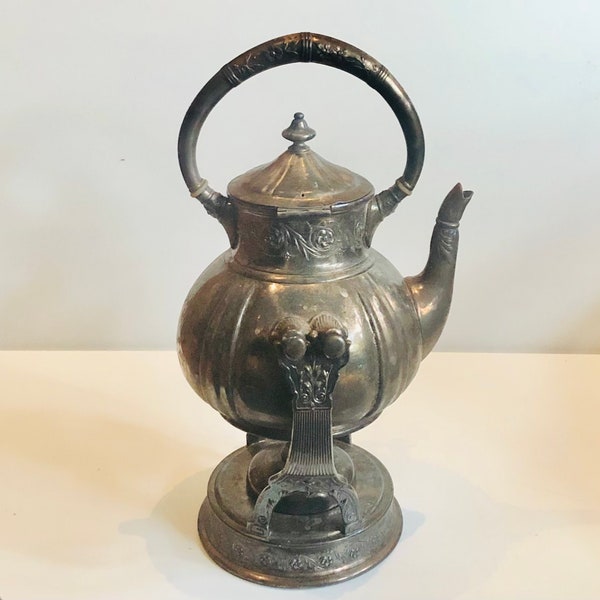 Ornate Antique Victorian Reed & Barton Silver Plate Spirit Kettle w Stand, Burner Coffee Water Pot Teapot Tea Kettle Heater