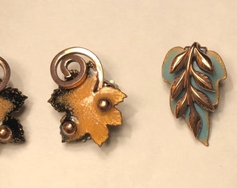 2 Pairs MCM Matisse Renoir Copper Enamel Earrings Modernist Copper Leaves Clip On Earrings Mid Century Designer Earrings Natural Leaf Style
