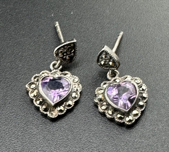 Romantic Vintage Amethyst Heart Marcasite Earrings Petite Pierced