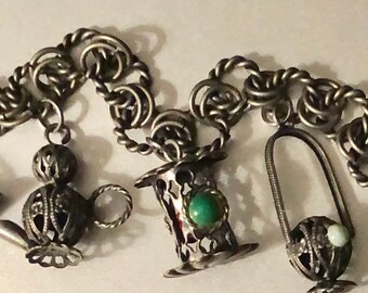 Vintage Silver Filigree Bauble Charm Bracelet w Siver Miniature Birdcage Watering Can Pitcher Charms