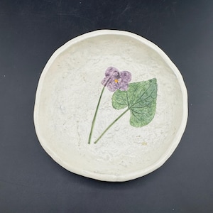 Mill Brook Kiln Vermont Ceramic Trinket Dish Ring Tray Pressed Violets Folk Art Leaf Floral Impressions New England by Catherine Beliveau