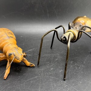 2 Bug Figures Vintage Metal Steampunk Spider Sculpture & Cast Iron Insect Statuette Whimsical Folk Art Critters Yard Garden Art