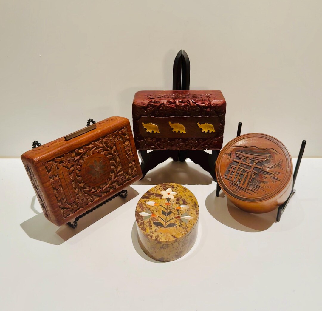 Vtg Asian Carved Wooden Boxes Brass Elephant Inlay Indian Mother of ...