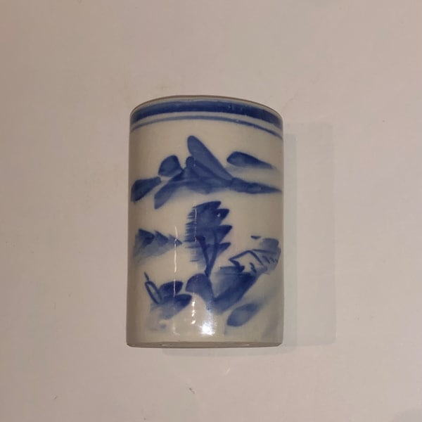 Vtg Hand Painted Chinese Blue & White Porcelain Pencil Cup or Vase Chinoiserie Bud Vase Brush Holder Weed Pot Small Asian Jar Open Canister