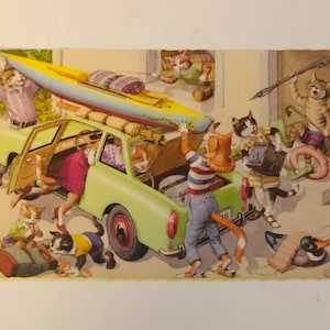 Cartolina d'epoca Alfred Mainzer Gatti Hartung Gatti in vacanza Station Wagon Kayak Felini antropomorfi Stampato in Belgio ALMA #4977
