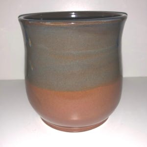 Vintage Hand Turned Ceramic Studio Vase Abstract Drip Glaze Blue Swirl Browns Titled “Peace” American Art Pottery Artist Signed