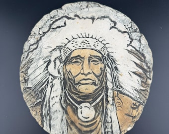 Vintage Indianer Häuptling Wandtafel von Stan Cementous Material Southwestern Inspiriert