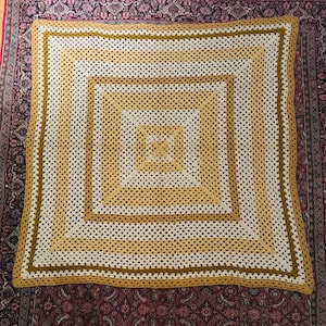 Vintage MCM 70s Afghan Blanket in Sunset Yellows Browns Tans Homemade Crocheted Hippie Blanket Mid Century Throw Wall Hanging
