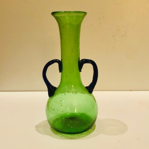 Vintage Green & Blue Art Glass Vase w Hand Applied Handles Charming 6 Inch Bud Vase Unmarked Blenko Glass Vase? Cottage Core Decor