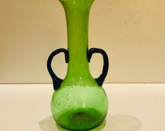Vintage Green & Blue Art Glass Vase w Hand Applied Handles Charming 6 Inch Bud Vase Unmarked Blenko Glass Vase? Cottage Core Decor