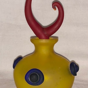 Vintage Postmodern Style Glass Act Studio Art Glass Perfume Bottle Yellow Frosted Blown Glass Scent Bottle Red Swirl Top