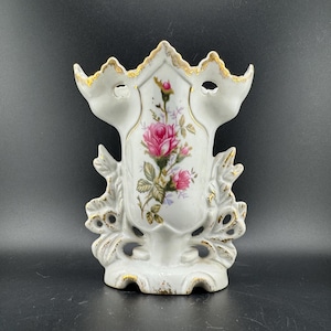 Jarrón de boda con pedestal de estilo victoriano antiguo, rosa rosa, dorado, dorado, calado, porcelana de París, jarrón capullo, decoración antigua de Bruselas