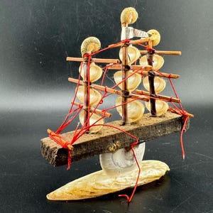 Vintage Miniature Japanese Seashell Ship Figurine Tiny Mother of Pearl Shells Galleon Boat Ship Statue Made in Japan