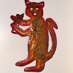 Whimsical Vintage Anthropomorphic Enamel on Copper Folk Art Cat & Mouse Sculpture Wall Art Atlanta Artist Dated 2001 Feline Catlady Wall Art