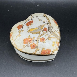 Heart Shaped Ceramic Trinket Box Bird and Cherry Blossoms Small Stash Box Made By Action Japan Grandmothercore Cottagecore
