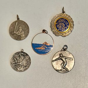 5 Vintage Sports Medals Swimming Diving Discus Throwing Ladies Baseball or Softball Medallion Awards ca 1950s 60s