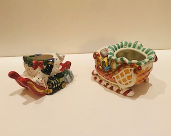 2 Fitz & Floyd Bowls 1992 Rocking Horse Sugar Bowl Base Candy Lane Santa Sleigh Dish no lids Upcycled Bud Vase Christmas Party Decor As Is