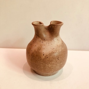May include: A handcrafted, speckled ceramic vase with a unique two-spout design. The vase features a rounded body and a light brown color with darker speckles, creating a rustic aesthetic. The opening is a lighter shade of brown.