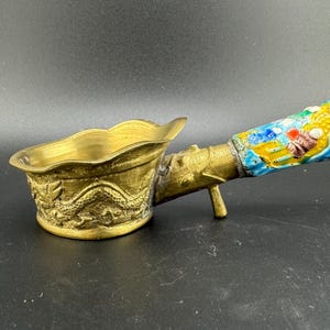 Antique Chinese Enamel & Brass Silk Iron Rice Scoop Dragon Design China Hallmark Ca 1930s