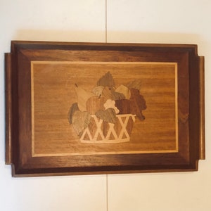 Vintage Wood Inlay Serving Tray Marquetry Wooden Fruit Basket Design Party Decor Wooden Folk Art Wall Art