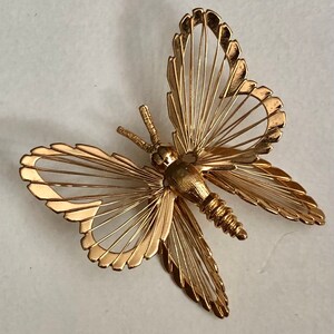 May include: A gold-toned butterfly brooch with a wire-like design. The wings are delicate and intricate, and the body is detailed with a textured finish.
