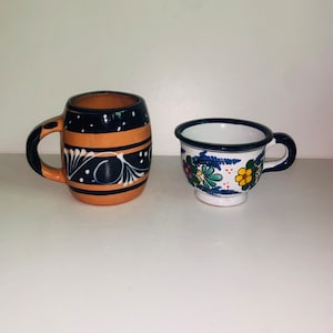Two Hand Painted Mexican Mugs Large Terracotta Navy Mug and Signed Galerias Armando Puebla Mexico Coffee Cup Teacup