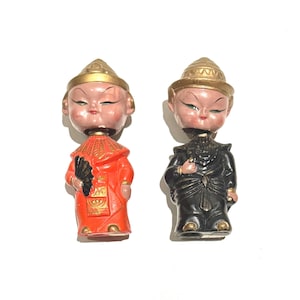 Pair Vintage Mid Century Chalkware Japanese Nodder Shaker Set Figurines Kokeshi Doll Couple by Commodore Japan Statue Set MIJ AS IS