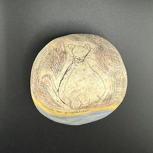 Whimsical Ceramic Folk Art Chubby Cat Sculpture Asymmetrical Orb Statuette Sgraffito Style Kitty Drawing Paperweight luna bean studio