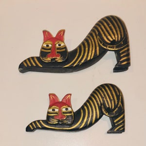 Vintage Pair Laurel Burch Style Gold Striped Cat Statues Balinese Wood Carved MCM Black Cat Tiger Cat Kitty Sculptures Cat Lover Gift As Is