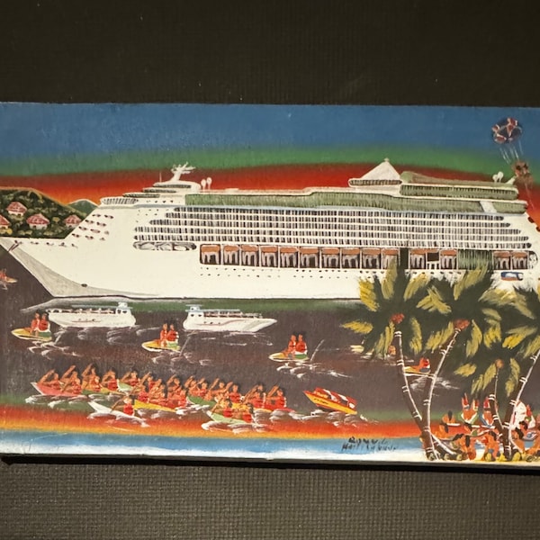 Vintage Haitian Folk Art Painting Coastal Scene Huge Ship near Beach w Folks in Boats Original Oil on Canvas Artist Signed