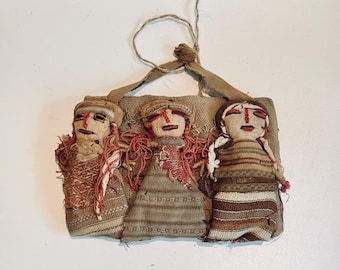 Rare Antique Chancay Folk Art Burial Doll Triplet Babies Long Hair Central American Precolumbian Textiles Incan Culture Peruvian Mummy Doll