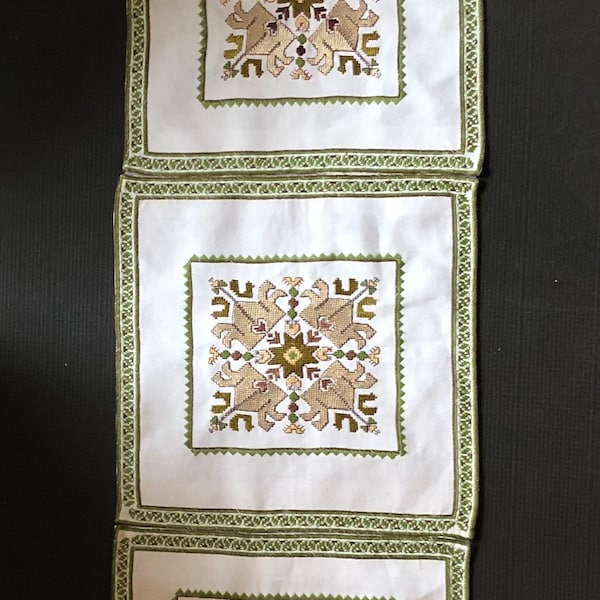 Elegant Vintage Mediterranean Folk Art Table Runner Handmade Embroidered Cross Stitch Green & Gold Crowns European Table Decor