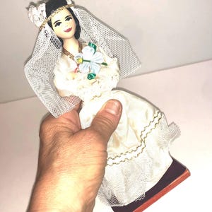 Vintage Handmade Mexican Bride Doll wearing Satin Wedding Dress Veil Oaxaca Mexico Souvenir Ethnic Culture Art Doll Statue Figurine