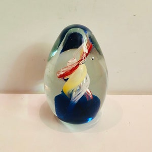 Beautiful Vintage Art Glass Egg Paperweight Controlled Bubbles Cobalt Blue Yellow Red Swirl Sculpture Murano Style Blown Glass
