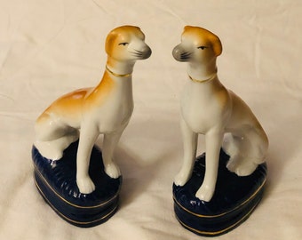 HTF Matching Vintage Staffordshire Style Greyhound Whippet Dog Statues Hand Painted Porcelain British Granny Core Dog Lover Canine Gift