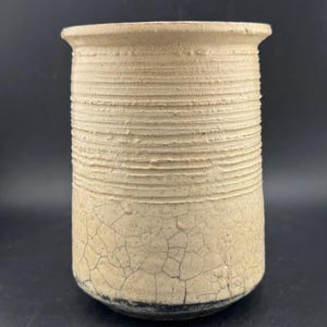 Vintage Wheel Turned Raku Pottery Utensil Canister Spooner Kitchenware Tableware Silverware Holder Ridged Grooves Artist Signed Hand Built