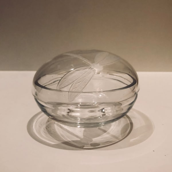 Vintage MMA Art Deco Etched Crystal Dragonfly Powder Jar Trinket Dish Vanity Dresser Display Frosted Glass Boudoir Jewelry Stash Box