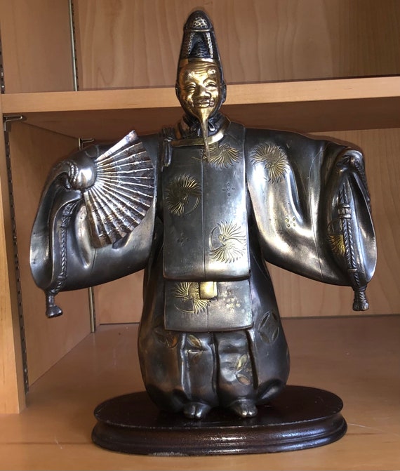 Antique Japanese Silvered Bronze Noh Actor Statue With Removable