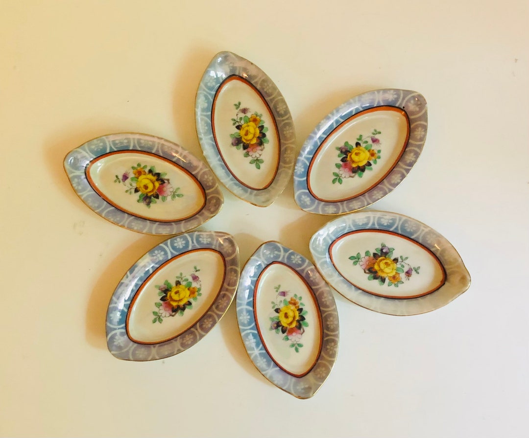 Antique Noritake Japan Open Salts Lusterware Salt Cellars 6 Salt Dishes Butter Pats Floral