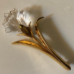 Elegant Vintage Swarovski Memories Crystal Tulip or Lily Flower Brooch Designer Gold Tone Floral Coat Pin Lapel Pin