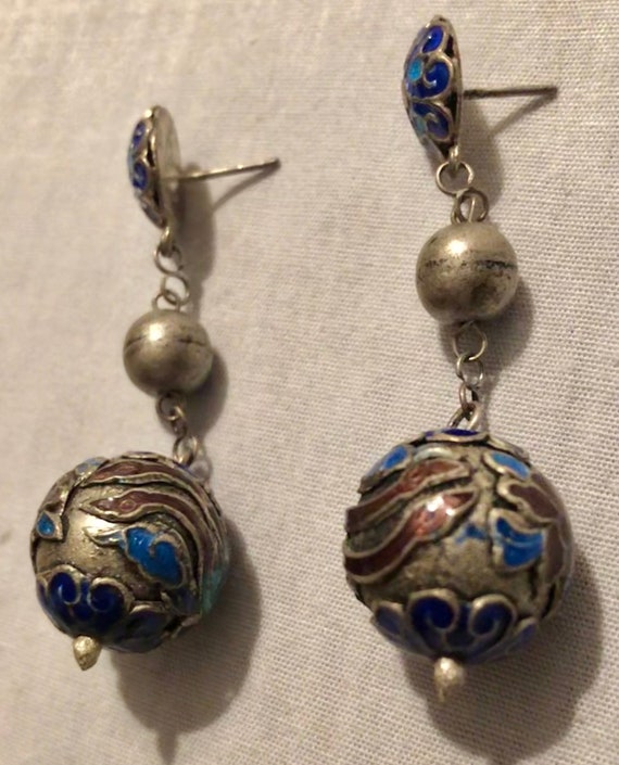 Antique Chinese Enameled Dangles Pierced Chinese Earrings 1920s-30s View 2