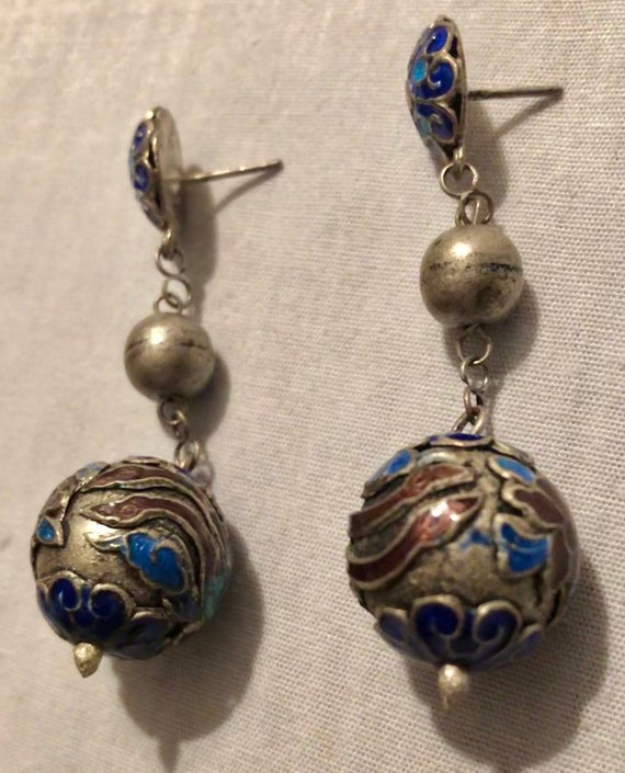 Antique Chinese Enameled Dangles Pierced Chinese … - image 2